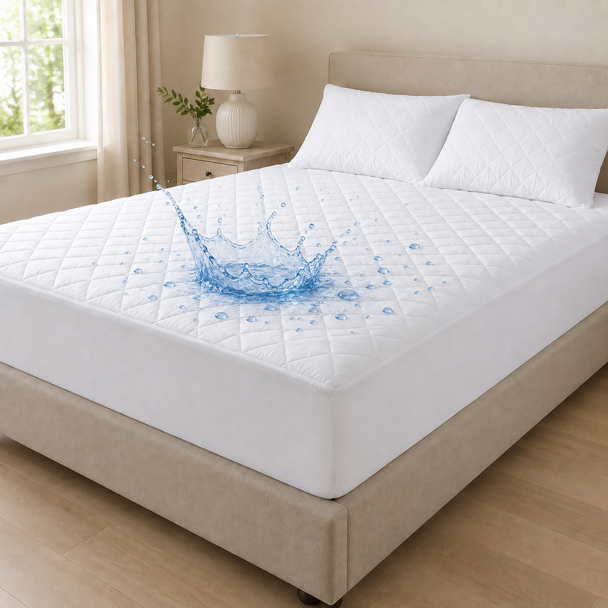 30cm deep waterproof quilted mattress protector with blue water splash