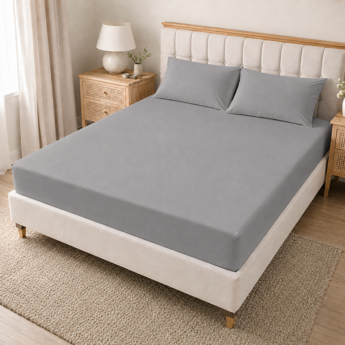 Grey 40cm extra deep microfiber fitted sheet with matching pillowcases