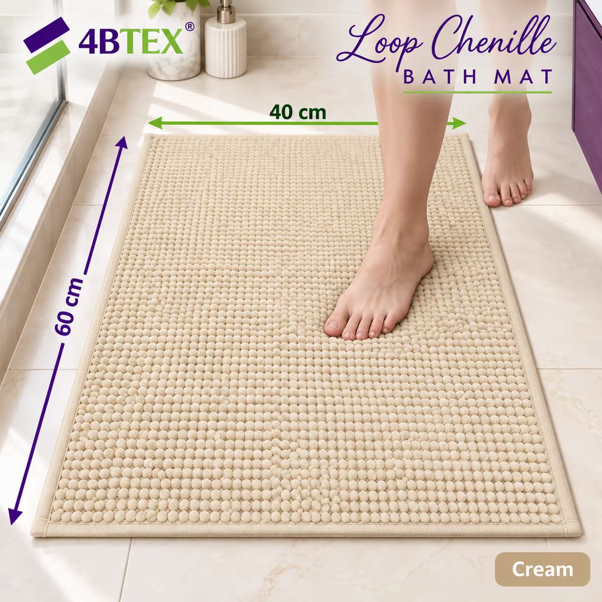 4BTEX Cream loop chenille bath mat, 40 x 60 cm, one mat