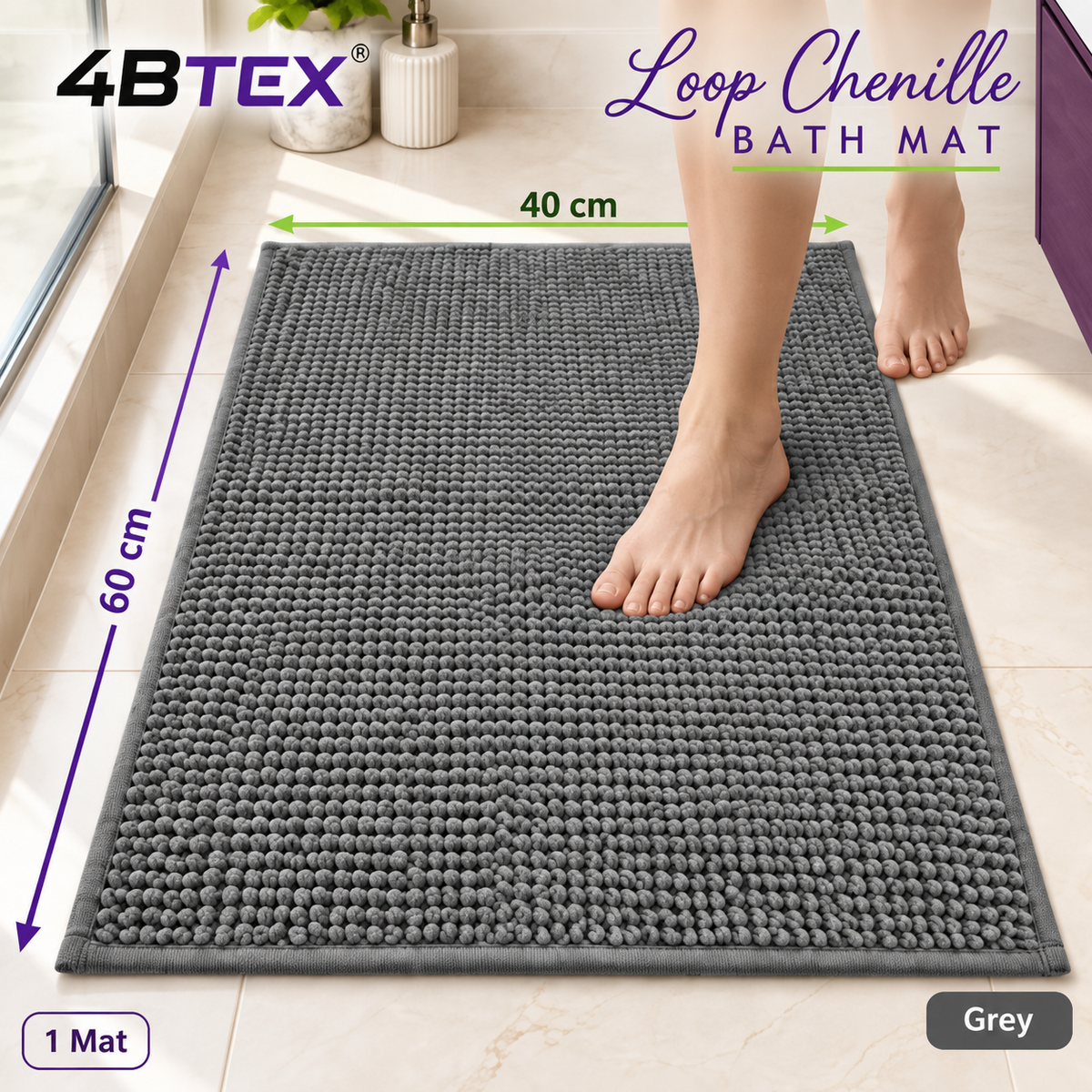 4BTEX Grey loop chenille bath mat, 40 x 60 cm, one mat