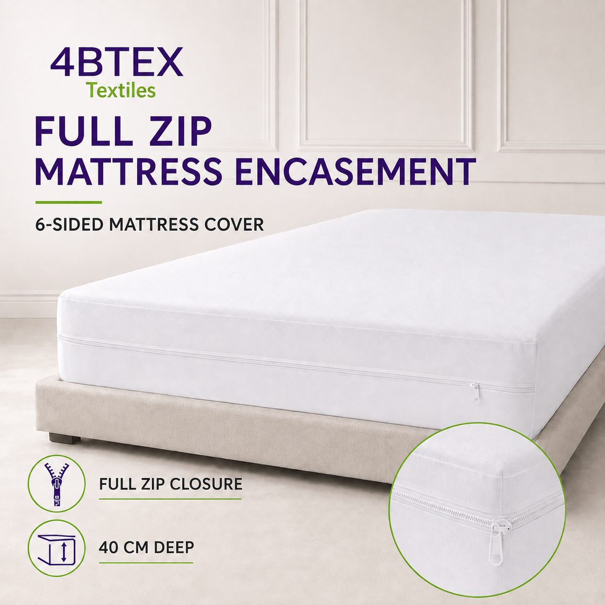 4BTEX 40cm deep six-sided full zip mattress encasement
