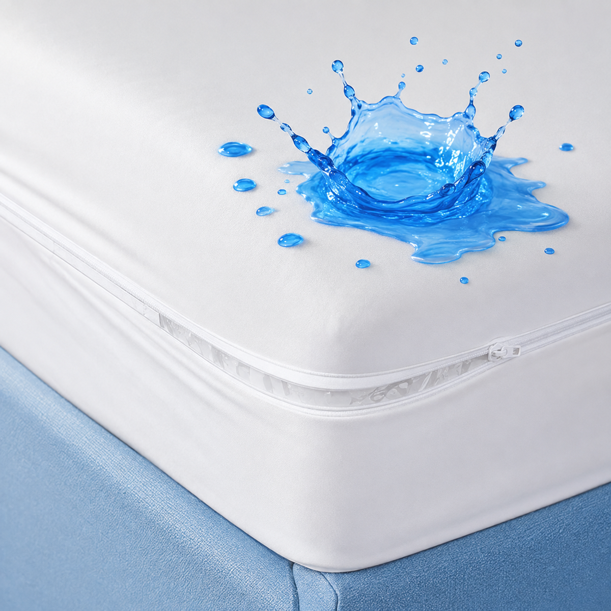 White waterproof zippered mattress encasement with blue liquid splash