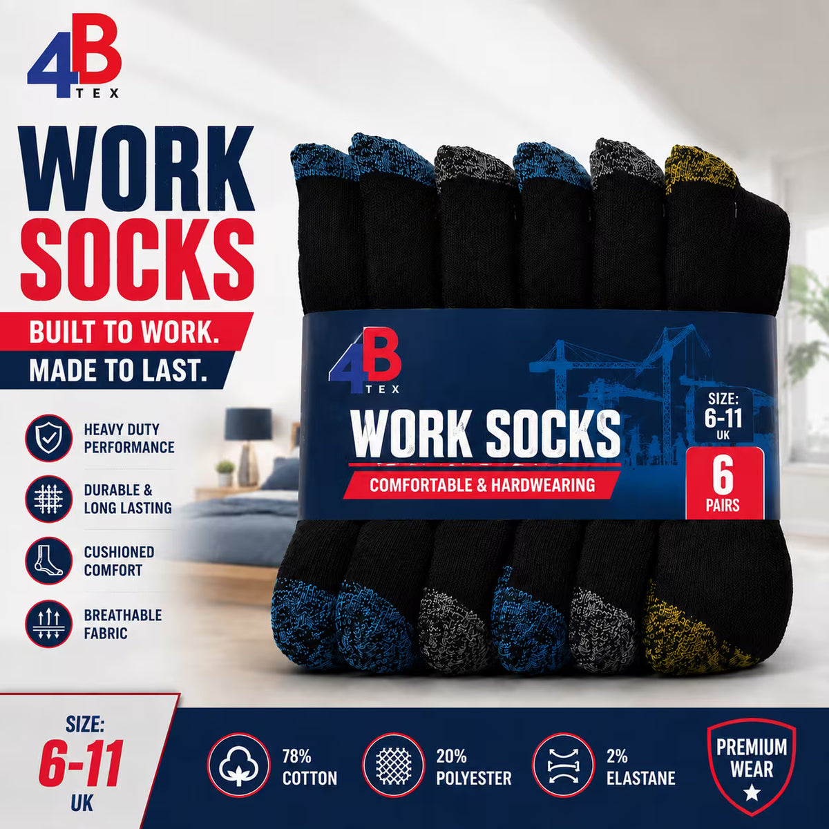 4B Pack of 12 Work Socks – Random Colours, UK 6–11