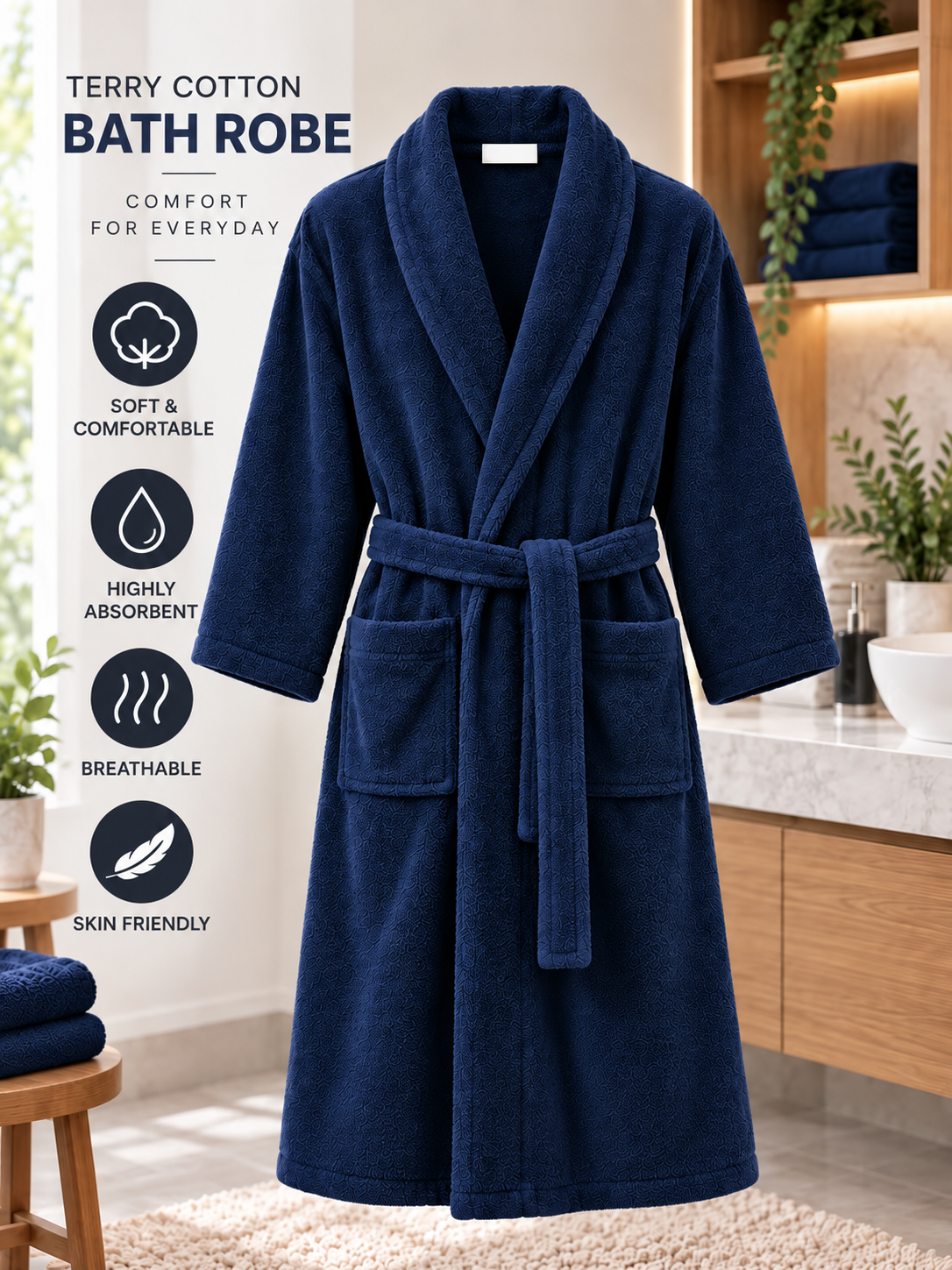 Cotton Terry Towelling Bathrobe for Men & Women – Unisex Dressing Gown, L/XL