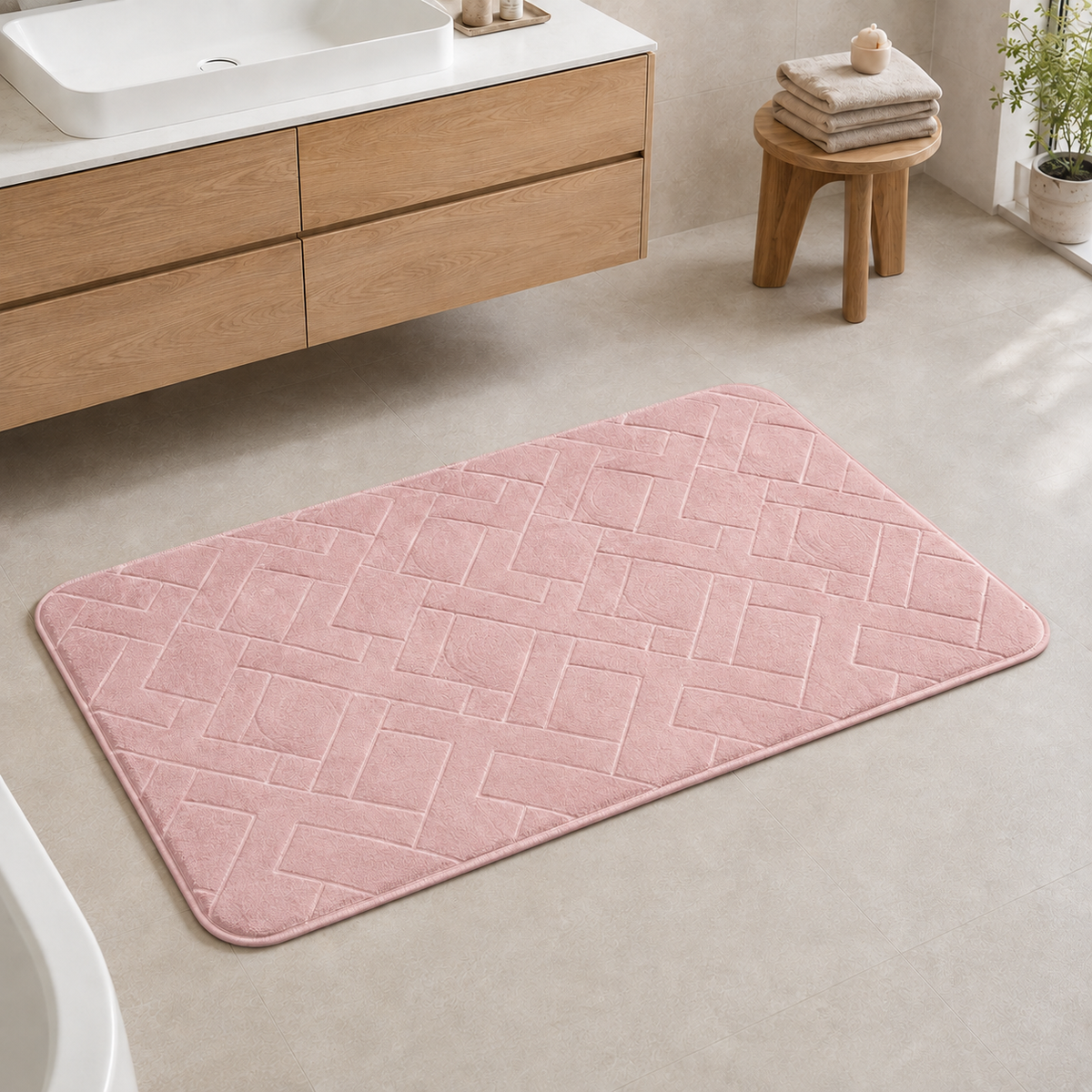 Blush Pink rectangular memory foam bath mat 60x40cm and 50x80cm