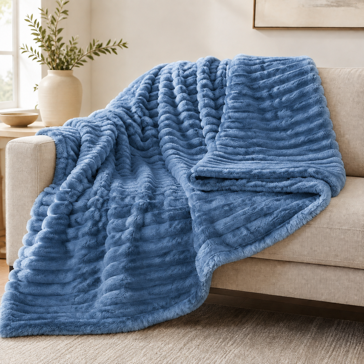 Denim Blue chunky ribbed plush blanket throw on a sofa