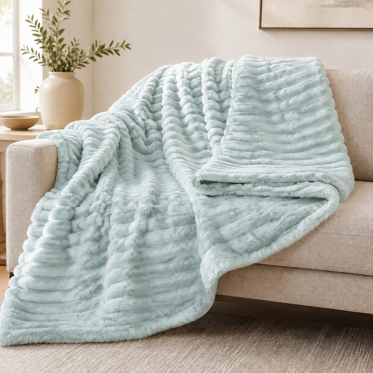 Duck Egg chunky ribbed plush blanket throw on a sofa