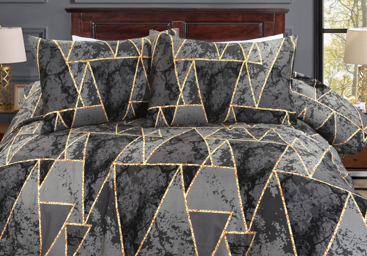 Cosmic grey black and gold geometric duvet cover close-up