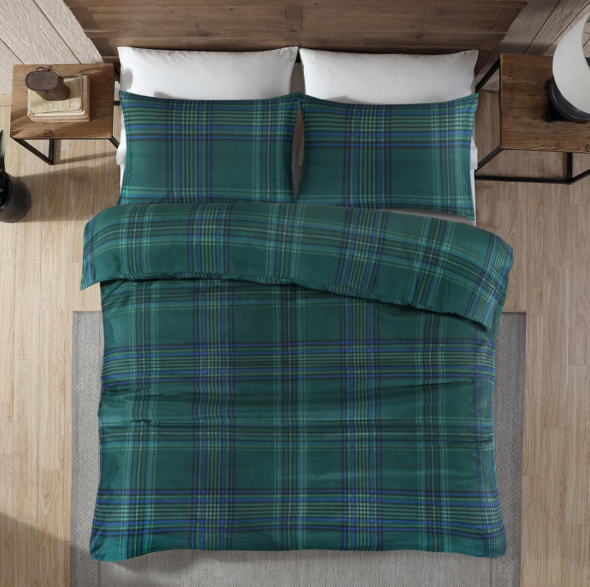 Forest Night green tartan duvet cover set overhead