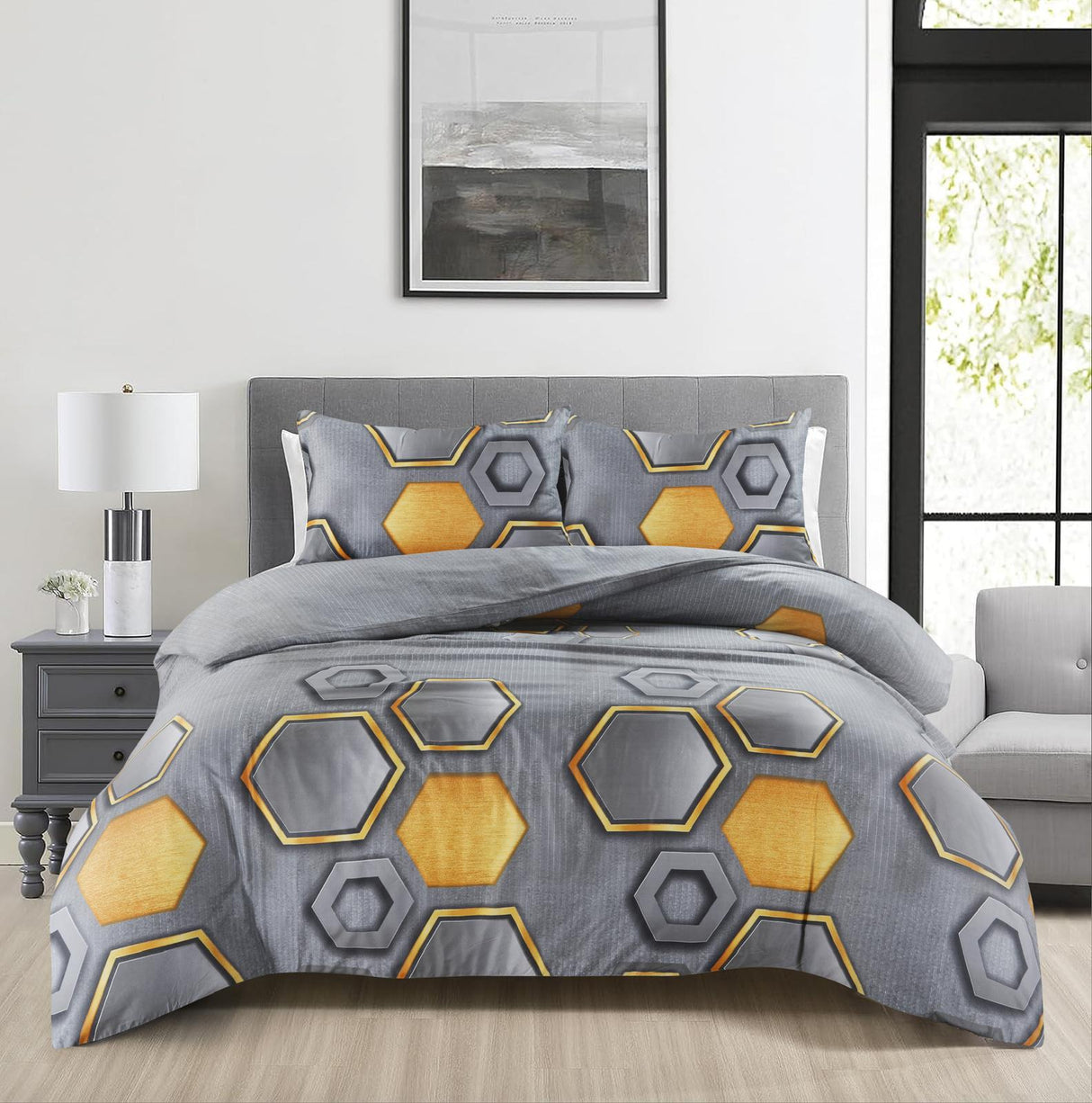 Holies grey and ochre hexagon duvet cover set on bed