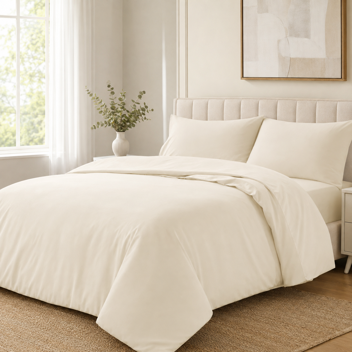 Cream microfiber duvet cover set on a bright modern bed