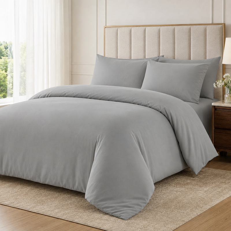 Gray microfiber duvet cover set on a bright modern bed