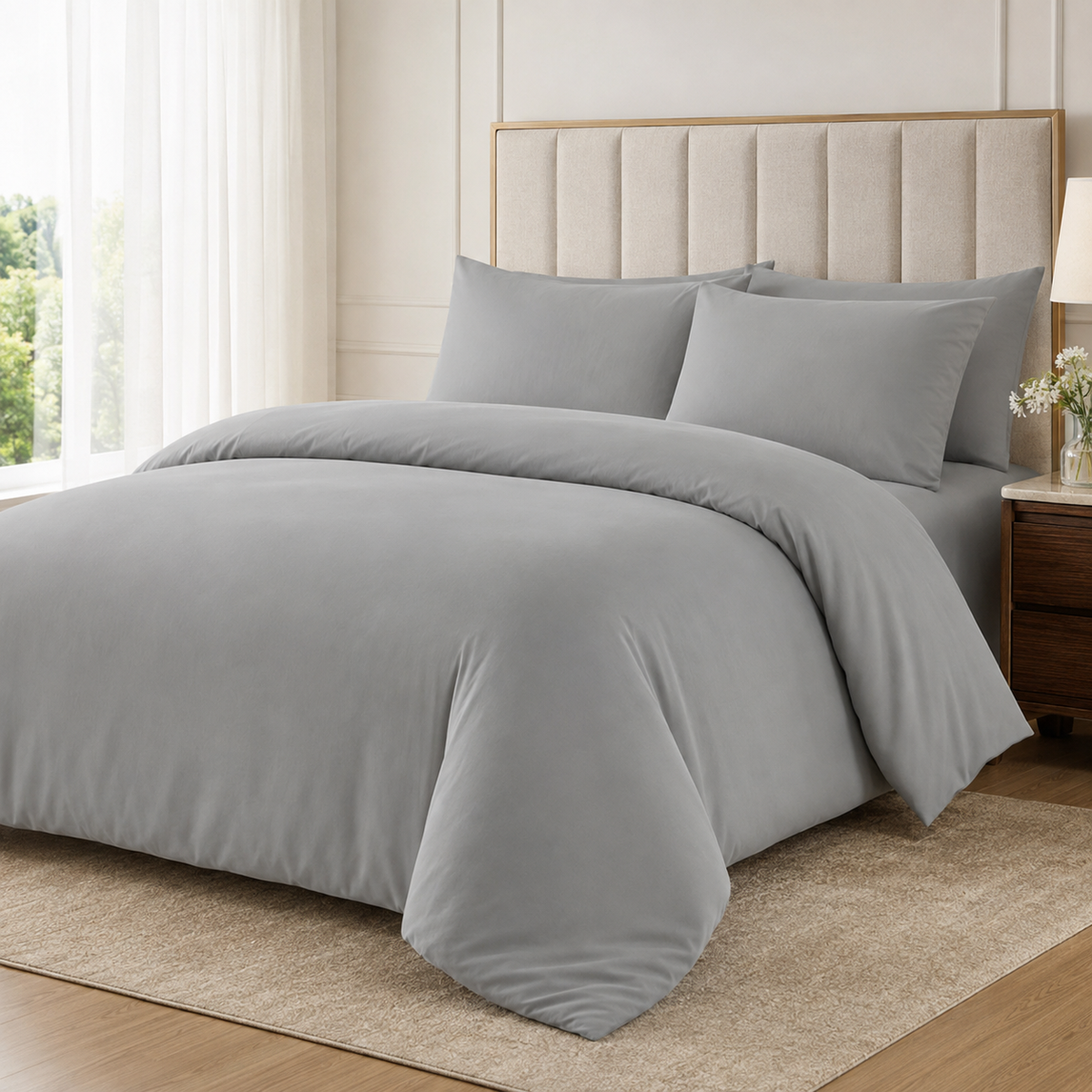 Gray microfiber duvet cover set on a bright modern bed