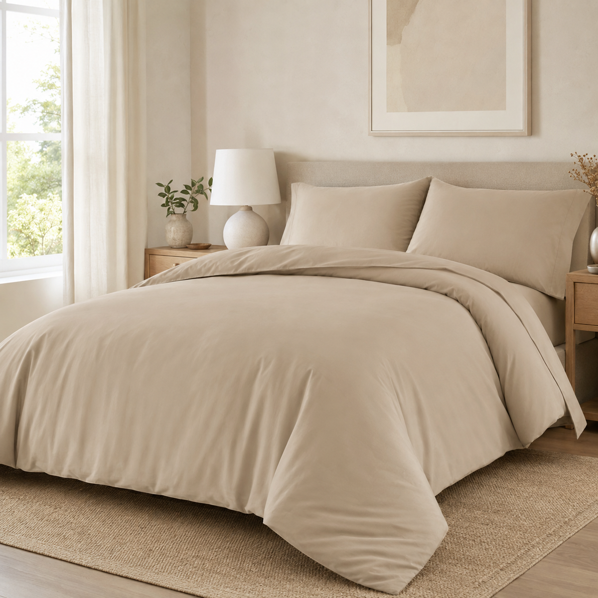 Latte microfiber duvet cover set on a bright modern bed