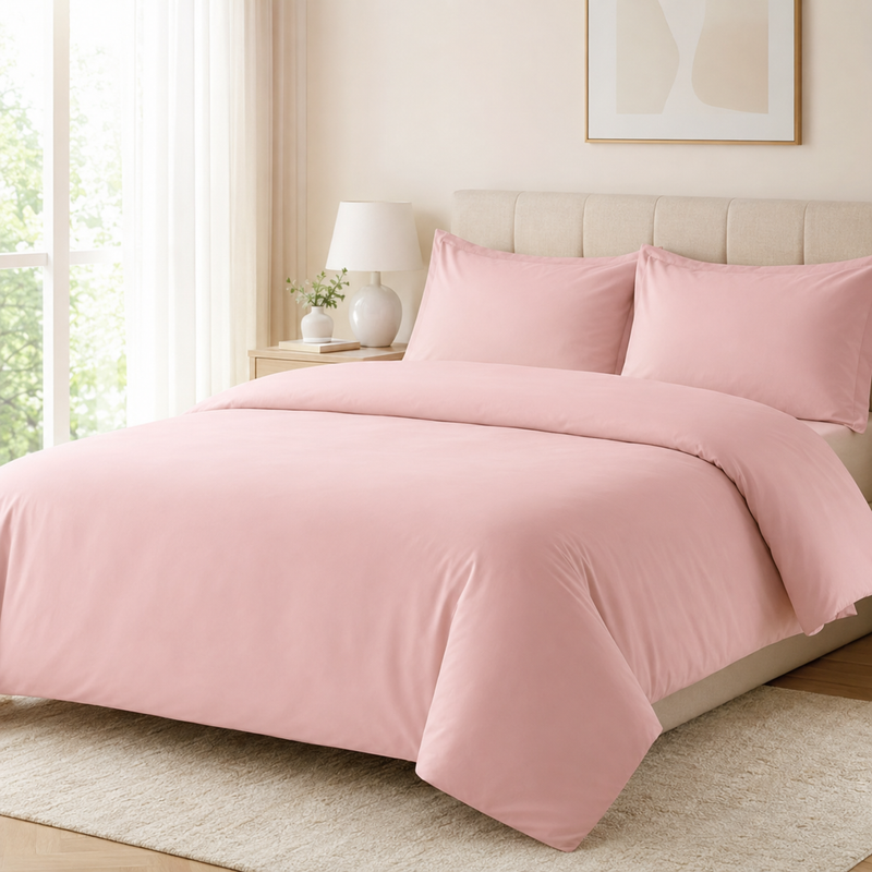 Pink microfiber duvet cover set on a bright modern bed