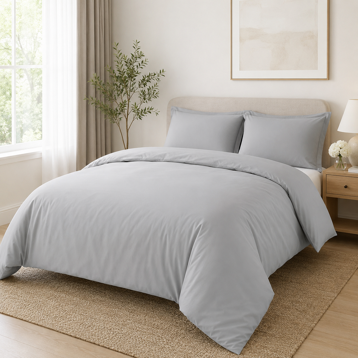 Silver microfiber duvet cover set on a bright modern bed