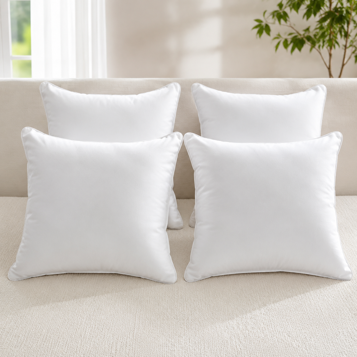 Pack of four white cushion inner pads in a bright room