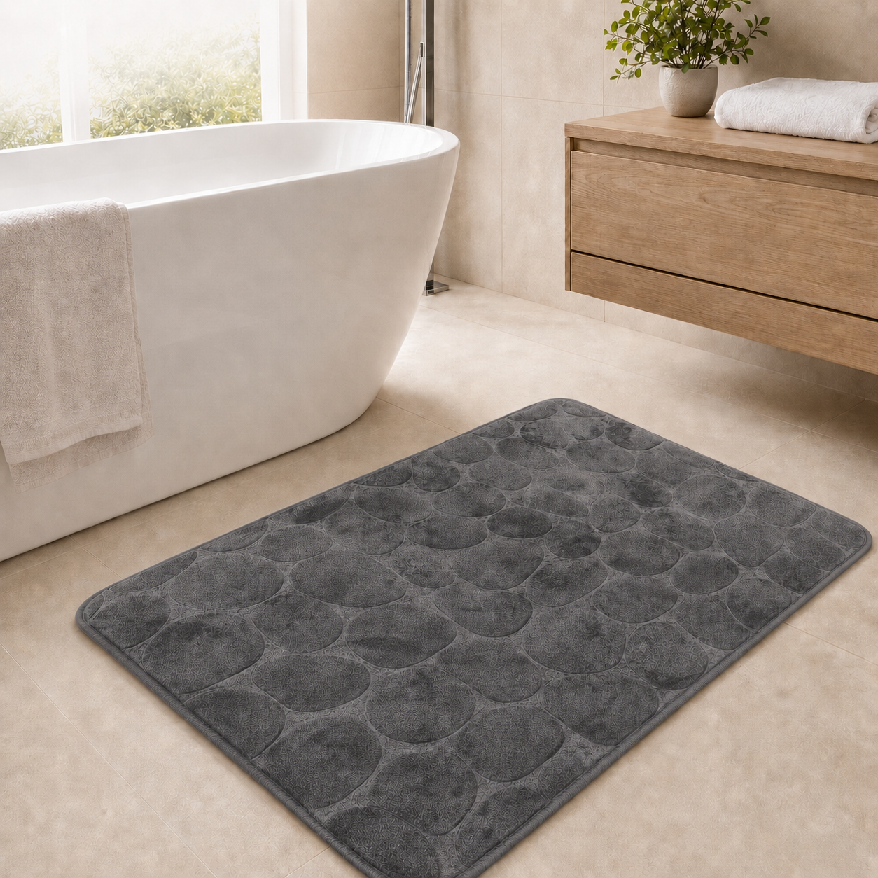 Charcoal rectangular pebble design memory foam bath mat 60x40cm and 50x80cm