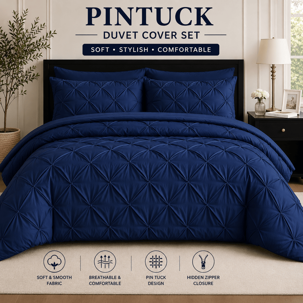 Navy blue pintuck microfiber duvet cover set with pillowcases
