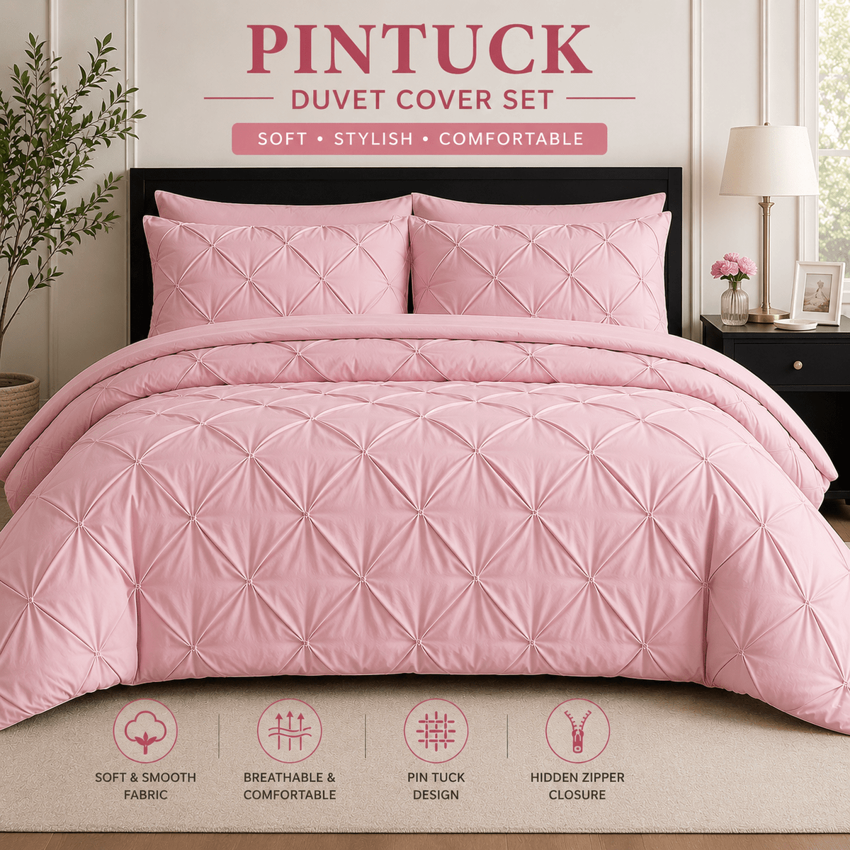 Pink pintuck microfiber duvet cover set with pillowcases