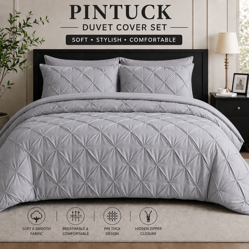 Silver pintuck microfiber duvet cover set with pillowcases