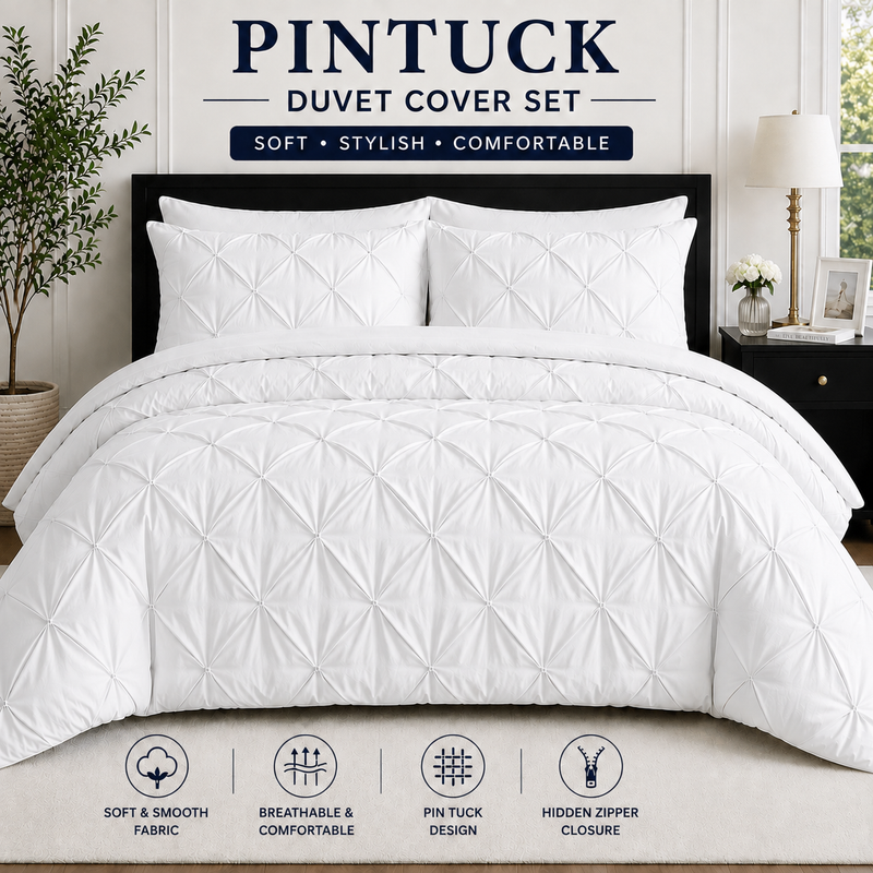 White pintuck microfiber duvet cover set with pillowcases