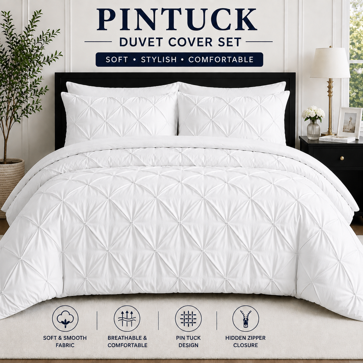 White pintuck microfiber duvet cover set with pillowcases