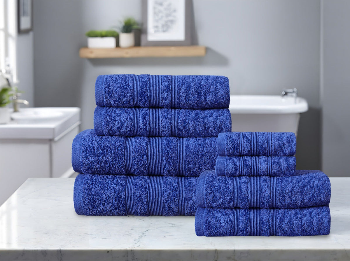 Royal blue cotton towel set arranged by size