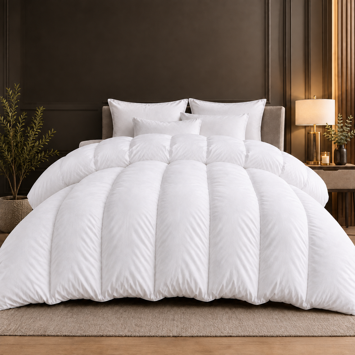 Premium white microfiber duvet styled in a warm luxury bedroom