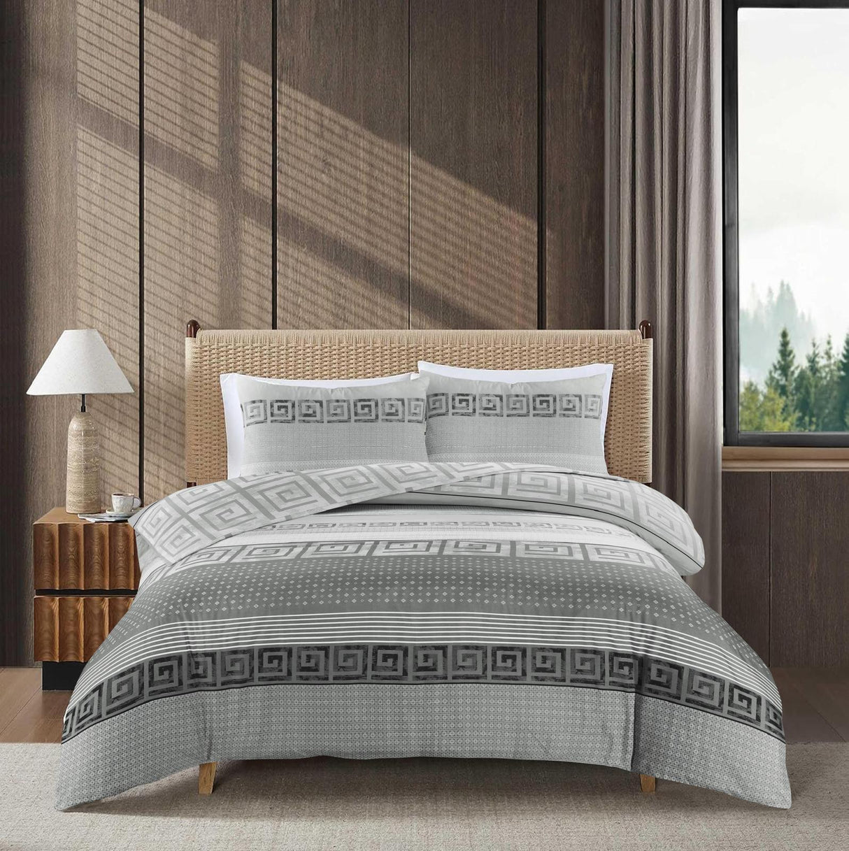 Shadow grey geometric duvet cover set on bed