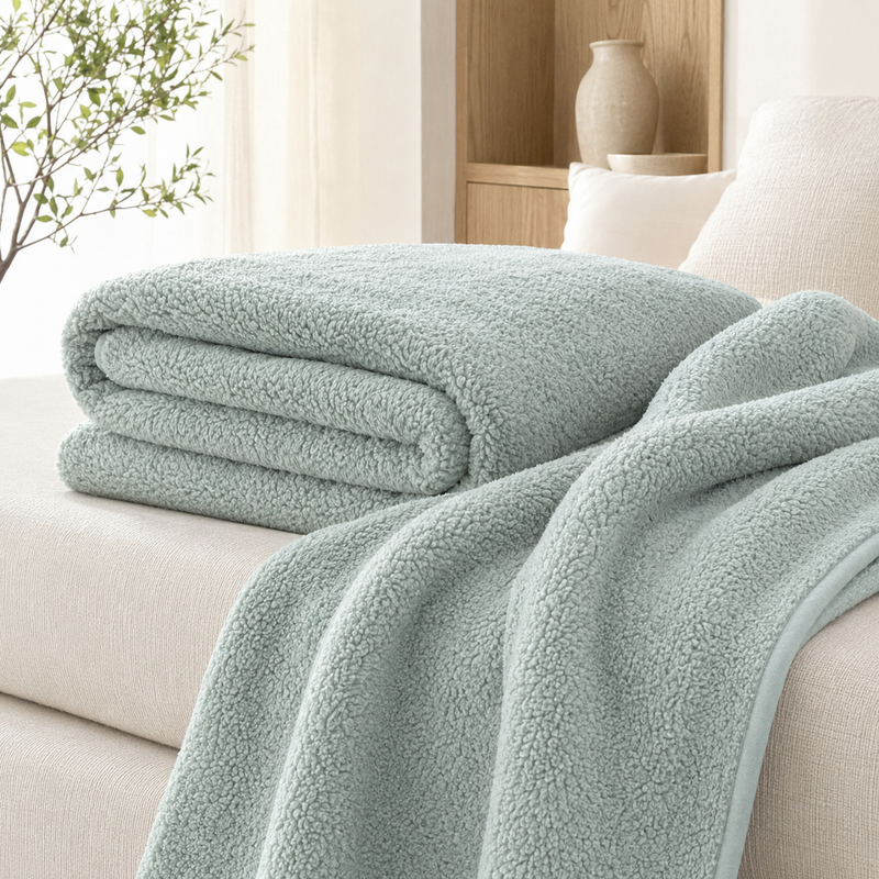 Duck Egg teddy fleece blanket throw on a bright neutral bed or sofa