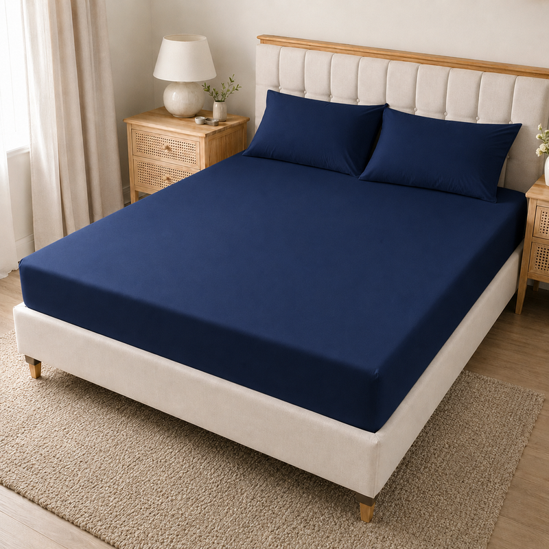 Navy 40cm extra deep polycotton fitted sheet with matching pillowcases