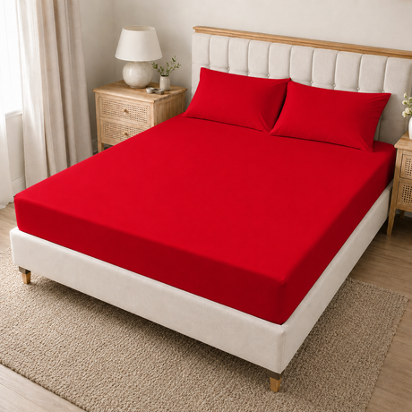 Red 40cm extra deep polycotton fitted sheet with matching pillowcases