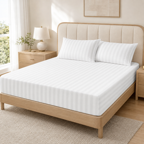 White 25cm satin stripe fitted sheet with matching pillowcases