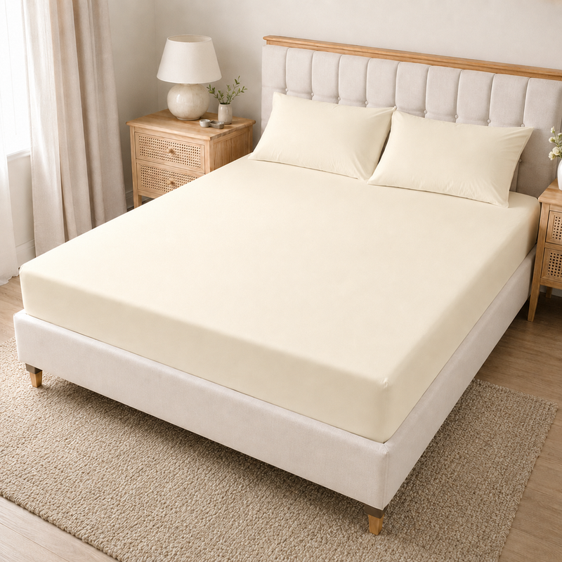 Cream 40cm extra deep microfiber fitted sheet with matching pillowcases