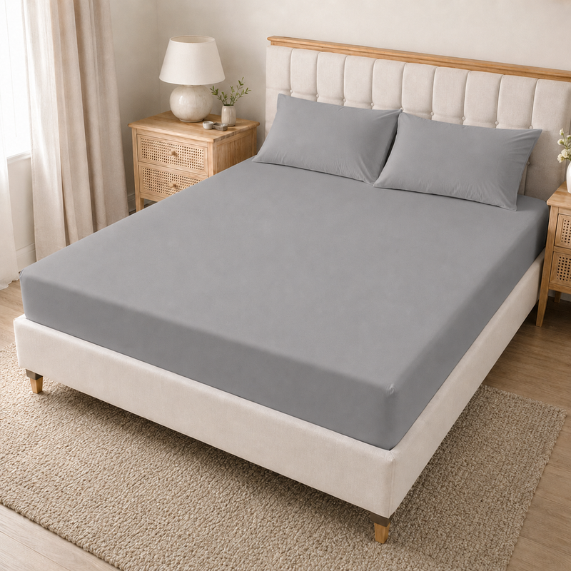 Grey 40cm extra deep microfiber fitted sheet with matching pillowcases
