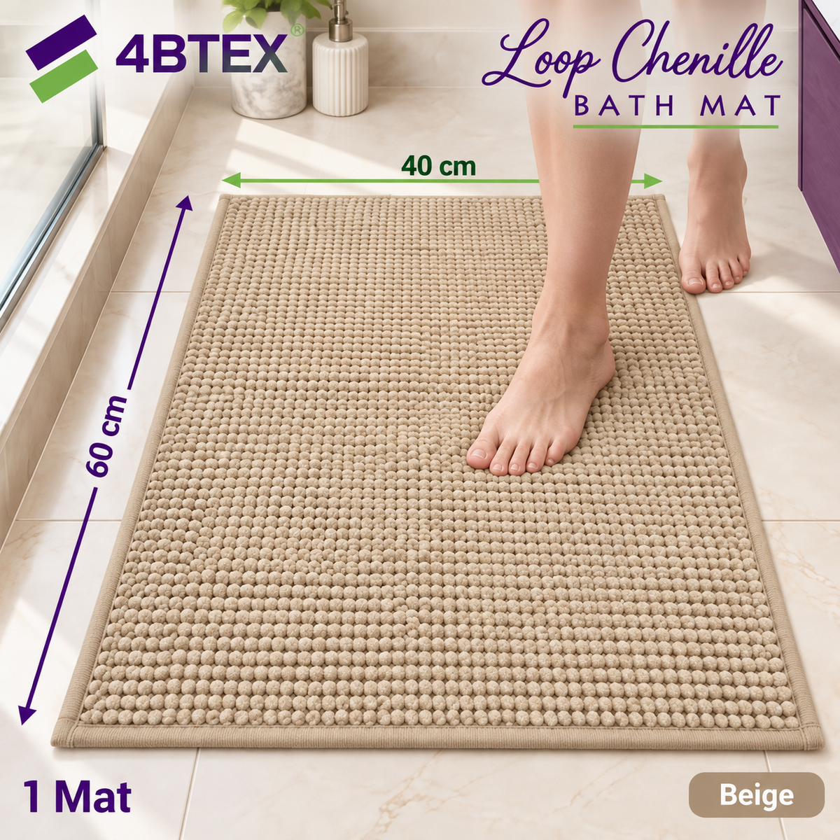 4BTEX Beige loop chenille bath mat, 40 x 60 cm, one mat