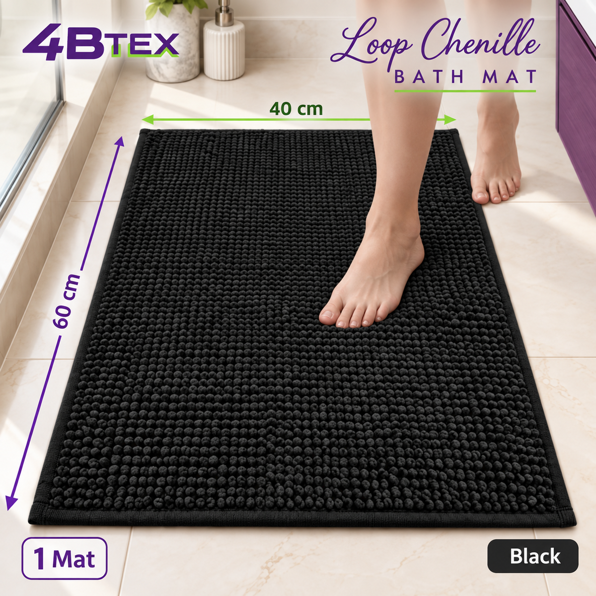 4BTEX Black loop chenille bath mat, 40 x 60 cm, one mat