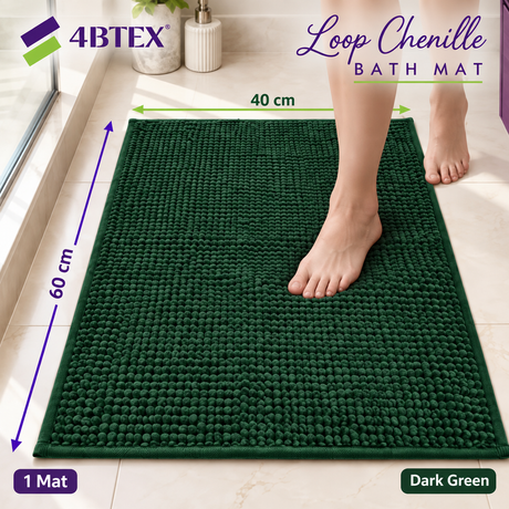 4BTEX Dark Green loop chenille bath mat, 40 x 60 cm, one mat