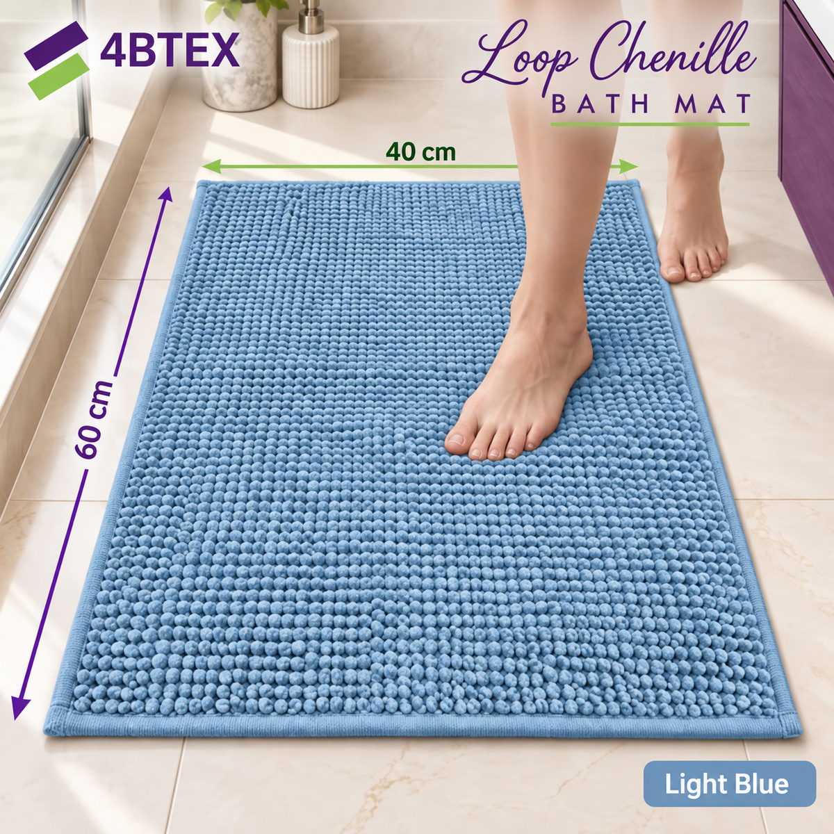 4BTEX Light Blue loop chenille bath mat, 40 x 60 cm, one mat
