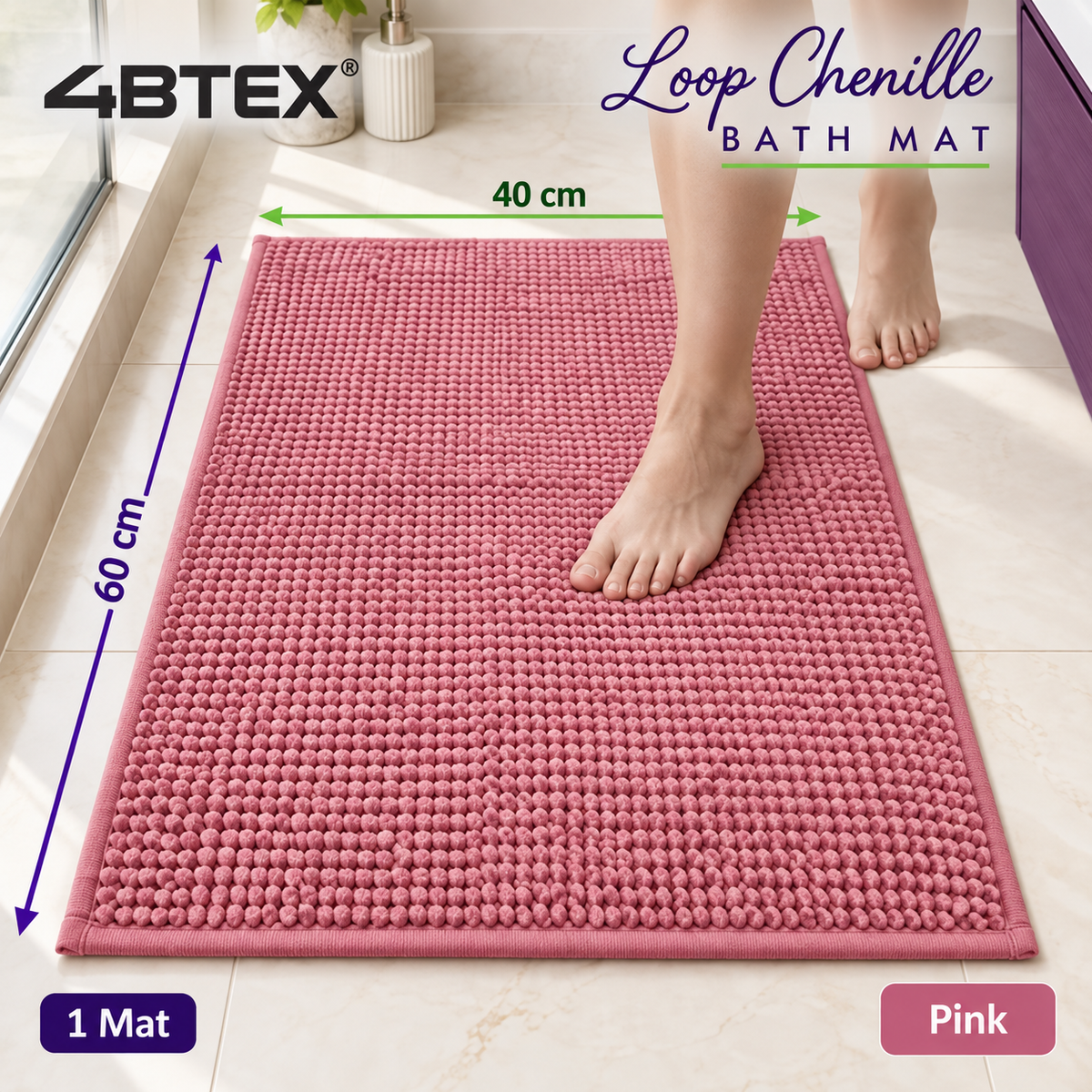 4BTEX Pink loop chenille bath mat, 40 x 60 cm, one mat