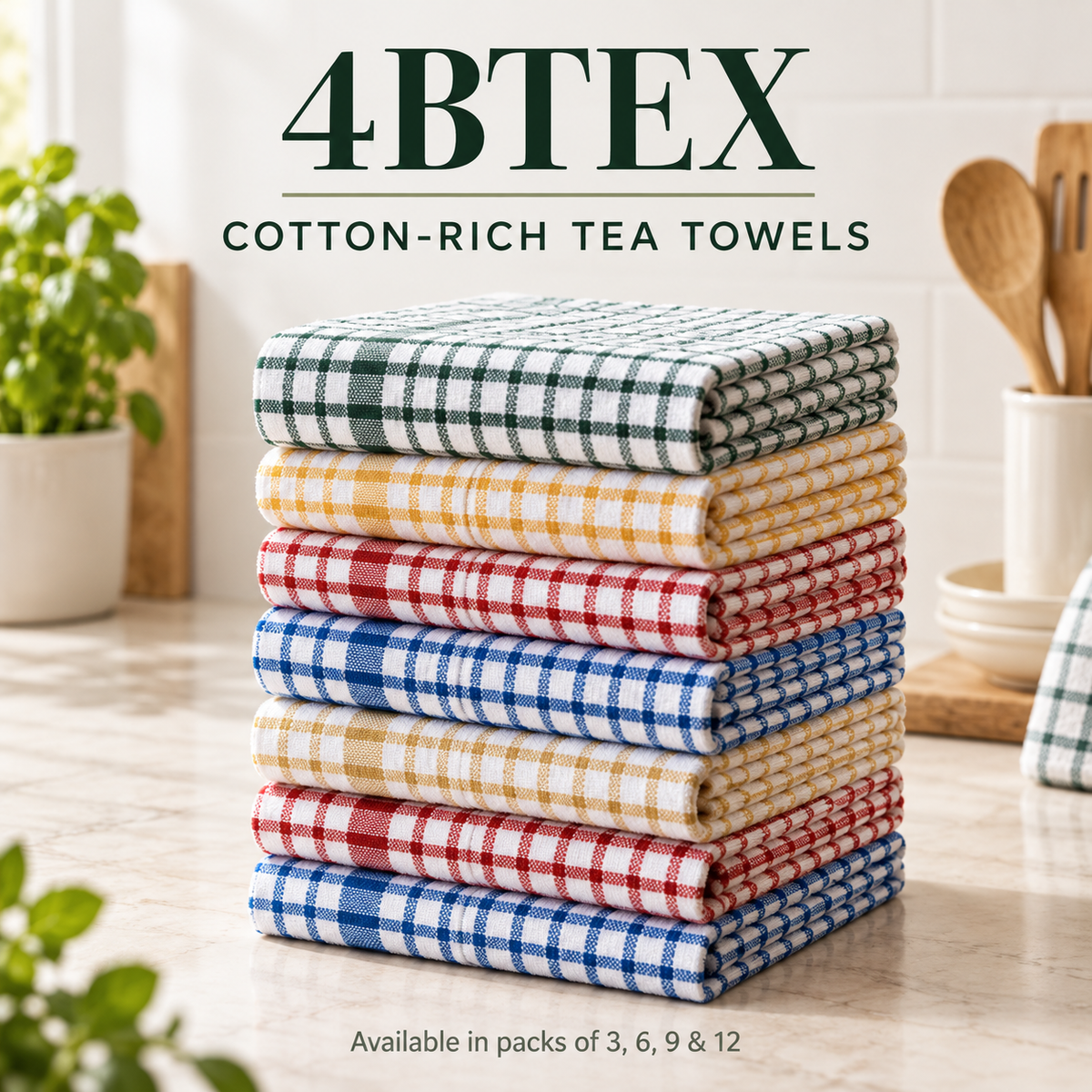 4BTEX cotton-rich multicolour checked tea towels – packs of 3, 6, 9 or 12