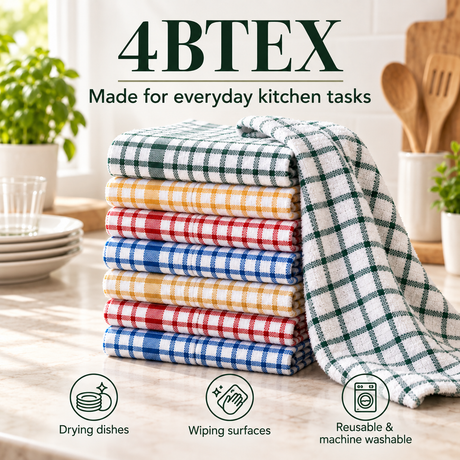 4BTEX checked tea towels for drying dishes and everyday kitchen cleaning