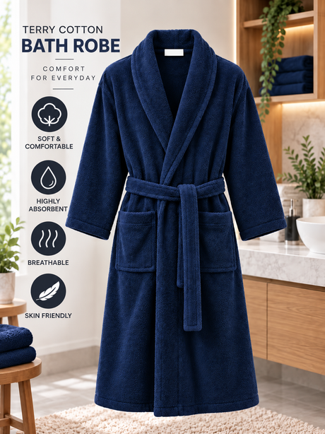 Cotton Terry Towelling Bathrobe for Men & Women – Unisex Dressing Gown, L/XL