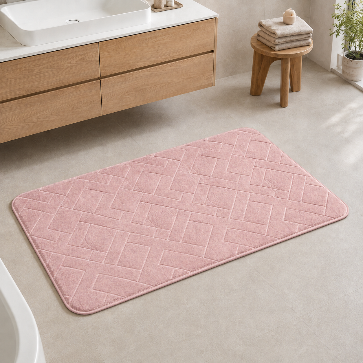 Blush Pink rectangular memory foam bath mat 60x40cm and 50x80cm
