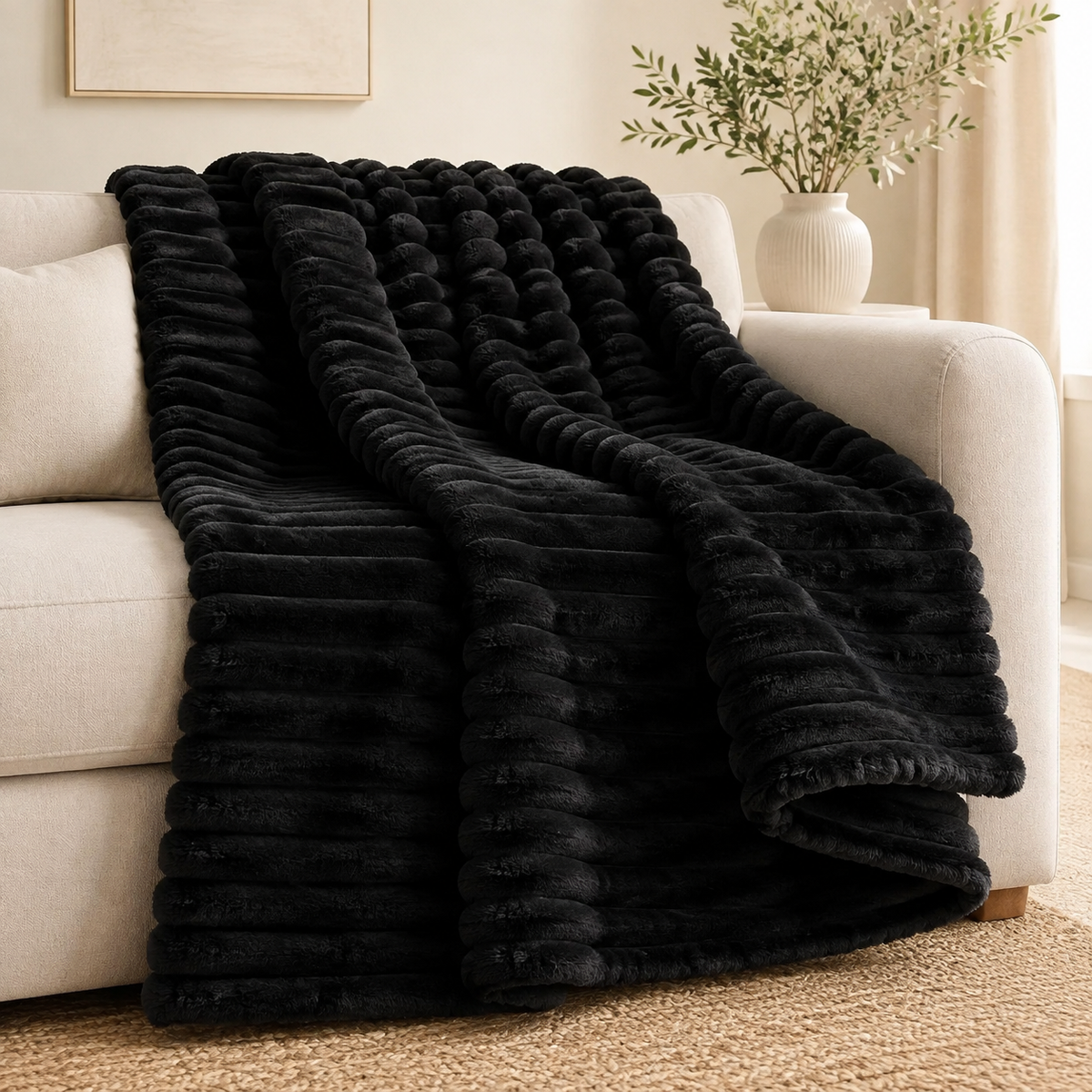 Black chunky ribbed plush blanket throw on a sofa