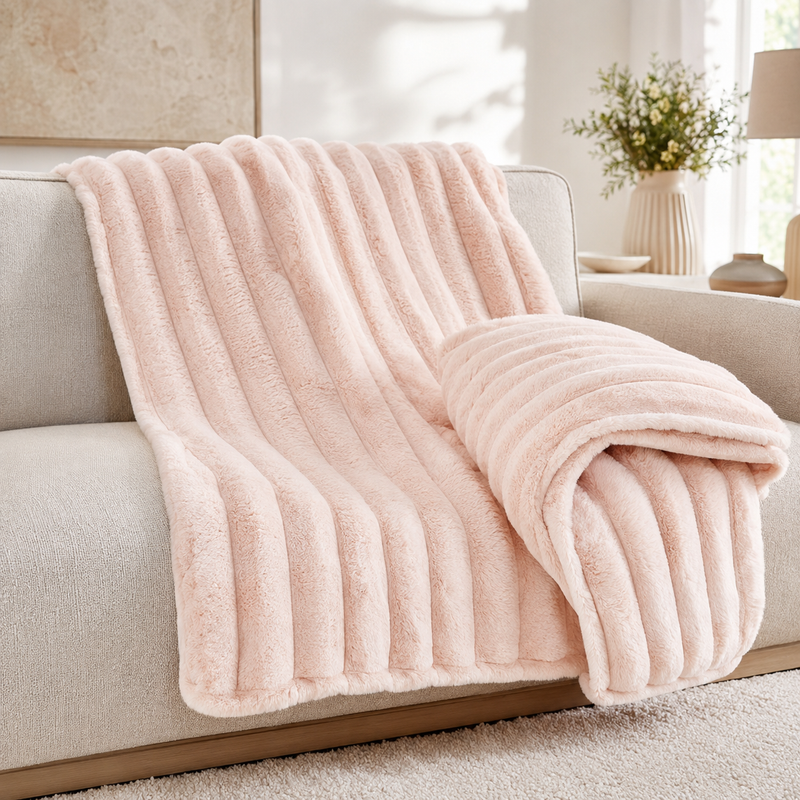 Blush Pink chunky ribbed plush blanket throw on a sofa