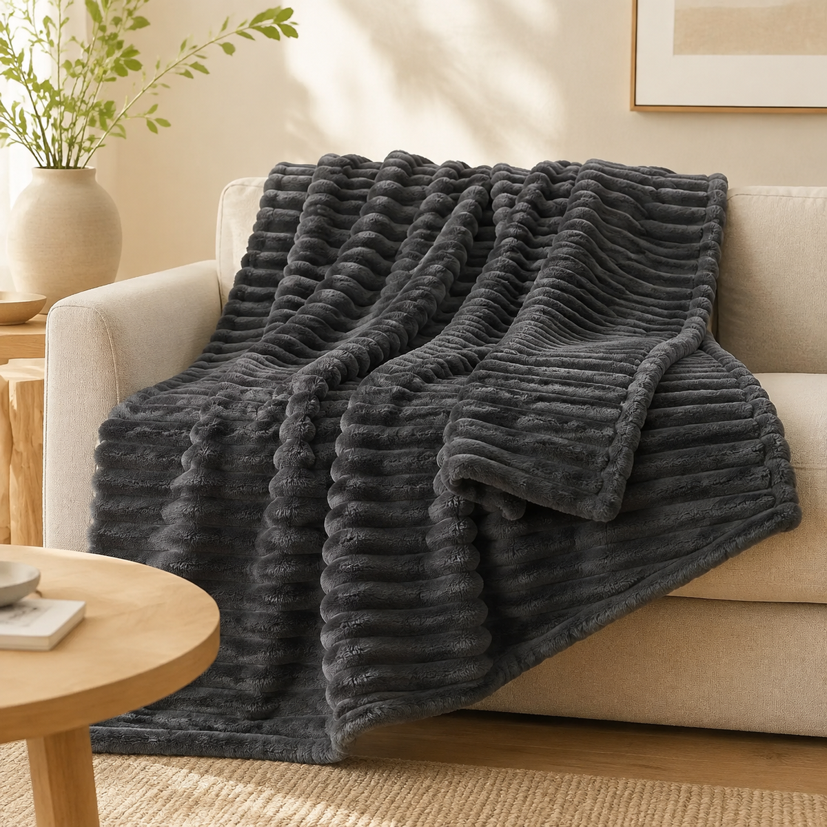 Charcoal chunky ribbed plush blanket throw on a sofa