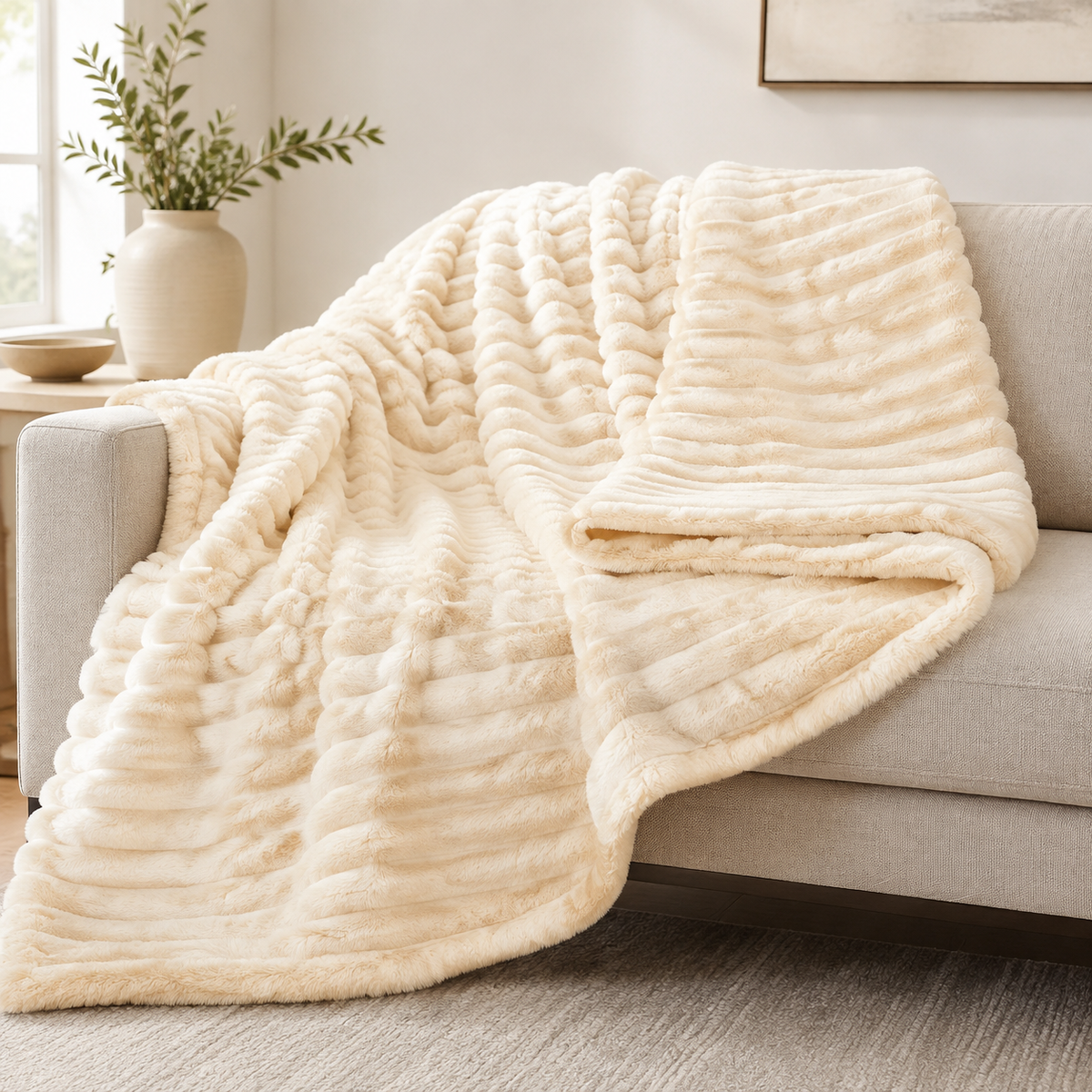 Cream chunky ribbed plush blanket throw on a sofa