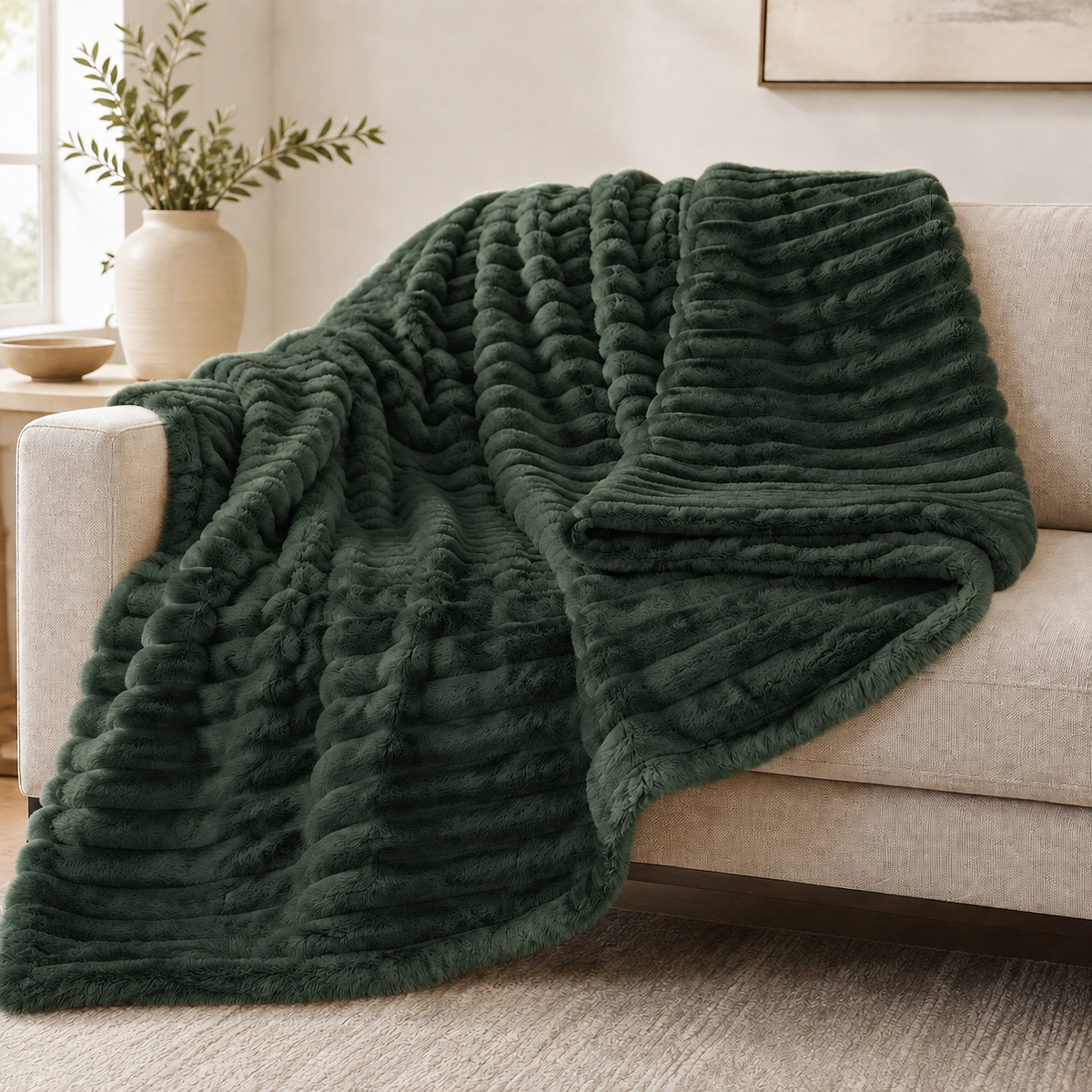 Dark Green chunky ribbed plush blanket throw on a sofa
